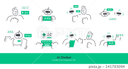 AI chatbot concept. Doodle line characters interact with robot assistants via chat bubbles, messages, smartphone and keyboard. AI chatbot concept. Doodle line characters interact with robot assistants via chat bubbles, messages, smartphone and keyboard. 141783094