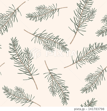 Seamless pattern with watercolor Christmas tree branches or pine branches. Hand painted illustration on isolated background. Seamless banner garland for new year. 141783798