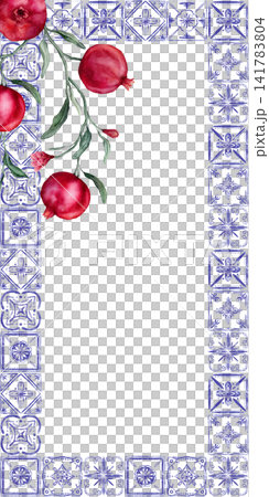 Rectangular frame of traditional Portuguese azulejo tiles and Pomegranate branche. Mediterranean, Spanish ceramic traditions. Hand drawn watercolor illustration with tropical fruit branch green leaves 141783804