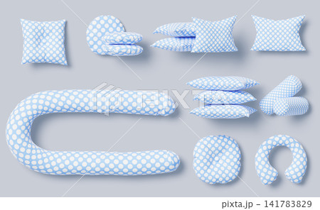 Blue pillows 3d set with white polka dot pattern. Pregnancy U shape body, travel neck, round, square, rectangular, bolster and stacked cushions. Home textiles, bedding for boys room. 3D illustration Blue pillows 3d set with white polka dot pattern. Pregnancy U shape body, travel neck, round, square, rectangular, bolster and stacked cushions. Home textiles, bedding for boys room. 3D illustration 141783829