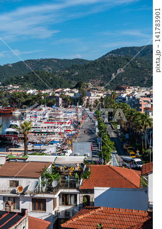 Marmaris waterfront promenade and boat harbor view from above Turkey Marmaris waterfront promenade and boat harbor view from above Turkey 141783901