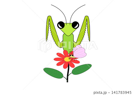 花の蜜を吸うチョウをその背後から狙うカマキリ 141783945