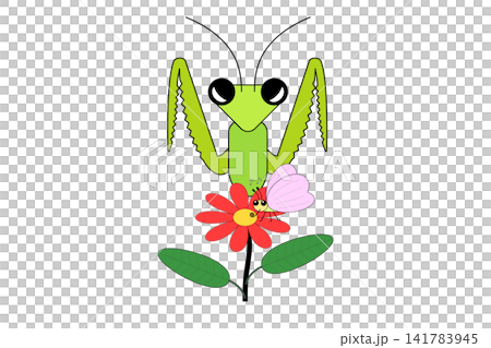 花の蜜を吸うチョウをその背後から狙うカマキリ 141783945