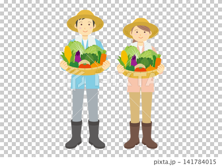 A set of full-body illustrations of a man and a woman holding baskets of vegetables. A set of full-body illustrations of a man and a woman holding baskets of vegetables. 141784015