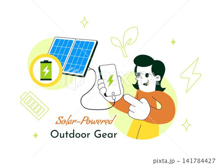Solar Powered Outdoor Gear Vector Illustration Featuring Portable Solar Panels, Eco-Friendly Camping Equipment, and Renewable Energy Solutions Solar Powered Outdoor Gear Vector Illustration Featuring Portable Solar Panels, Eco-Friendly Camping Equipment, and Renewable Energy Solutions 141784427