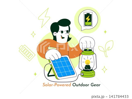 Solar Powered Outdoor Gear Vector Illustration Featuring Portable Solar Panels, Eco-Friendly Camping Equipment, and Renewable Energy Solutions Solar Powered Outdoor Gear Vector Illustration Featuring Portable Solar Panels, Eco-Friendly Camping Equipment, and Renewable Energy Solutions 141784433