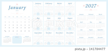 Calendar 2027 Start Sunday Vector. 12 months Monthly 2027 Wall Calendar Template Set with Elegant Blue and Pink Vertical Design. Printable Design. English text. Calendar 2027 Start Sunday Vector. 12 months Monthly 2027 Wall Calendar Template Set with Elegant Blue and Pink Vertical Design. Printable Design. English text. 141784477