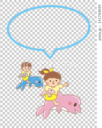 水色とピンクのイルカに乗って遊ぶ女の子と男の子の吹き出しフレーム、メモ 水色とピンクのイルカに乗って遊ぶ女の子と男の子の吹き出しフレーム、メモ 141784695