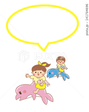 水色とピンクのイルカに乗って遊ぶ女の子と男の子の吹き出しフレーム、メモ 水色とピンクのイルカに乗って遊ぶ女の子と男の子の吹き出しフレーム、メモ 141784696