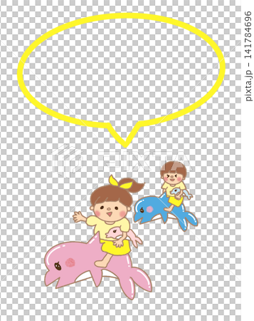 水色とピンクのイルカに乗って遊ぶ女の子と男の子の吹き出しフレーム、メモ 水色とピンクのイルカに乗って遊ぶ女の子と男の子の吹き出しフレーム、メモ 141784696