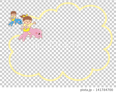 水色とピンクのイルカに乗って遊ぶ女の子と男の子の吹き出しフレーム、メモ 水色とピンクのイルカに乗って遊ぶ女の子と男の子の吹き出しフレーム、メモ 141784700