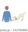 伸びをしている犬の隣に座っている男性 141784806