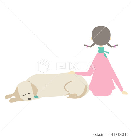 寝ている犬の隣に座っている女の子 141784810