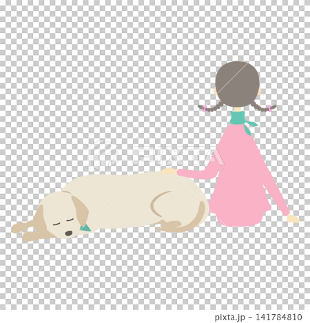 寝ている犬の隣に座っている女の子 141784810