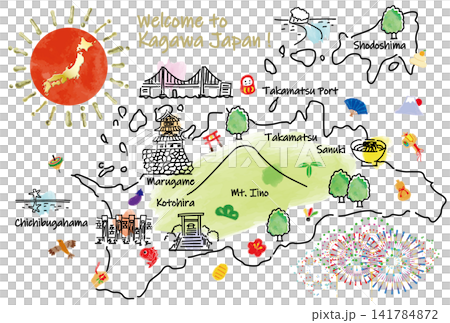 A cute, hand-drawn illustrated map of tourist spots and lucky charms in Kagawa Prefecture. A cute, hand-drawn illustrated map of tourist spots and lucky charms in Kagawa Prefecture. 141784872