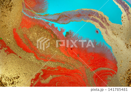 Blue, Red and Gold Original Hand Drawn Artwork Made with Liquid Ink on Paper Blue, Red and Gold Original Hand Drawn Artwork Made with Liquid Ink on Paper 141785481