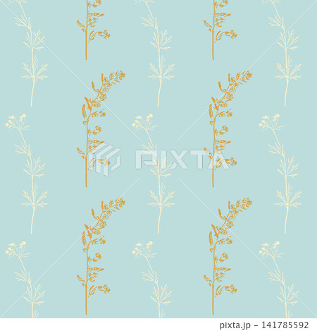 Wild meadow grass and herbal flowers hand drawn ink illustration seamless pattern in pastel blue, ocher and cream palette for minimalist nursery textile, botanical wallpaper, cosmetic packaging and s 141785592