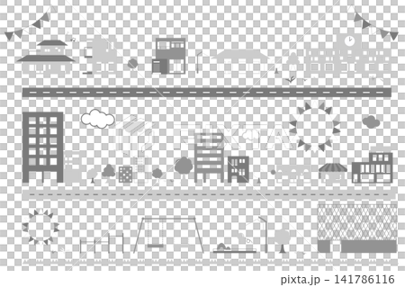一套單色街景和住宅區插圖圖示集。 一套單色街景和住宅區插圖圖示集。 141786116