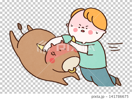 A man grabs the horns of a charging bull. A man grabs the horns of a charging bull. 141786675
