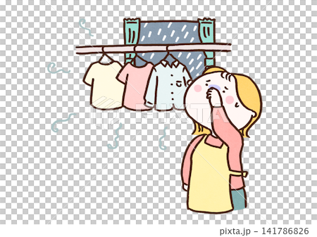 部屋干しした洗濯物の生乾き臭に鼻を押さえる女性(雨の日の家事) 部屋干しした洗濯物の生乾き臭に鼻を押さえる女性(雨の日の家事) 141786826