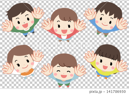 An illustration of children looking up and waving. An illustration of children looking up and waving. 141786930