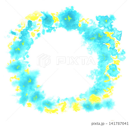 Abstract hand drawn watercolor background with place for text in the center. Turquoise, blue, yellow blurred spots in the shape of a round frame. 141787041