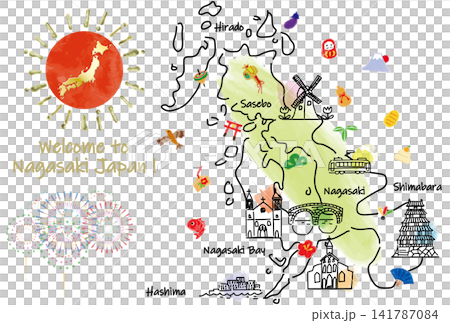 長崎縣旅遊景點的可愛手繪插圖地圖 長崎縣旅遊景點的可愛手繪插圖地圖 141787084