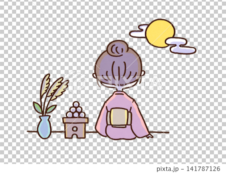 一位身著和服的女子凝望著滿月,周圍環繞著蒲葦草和賞月餃子(賞月,秋季) 一位身著和服的女子凝望著滿月,周圍環繞著蒲葦草和賞月餃子(賞月,秋季) 141787126