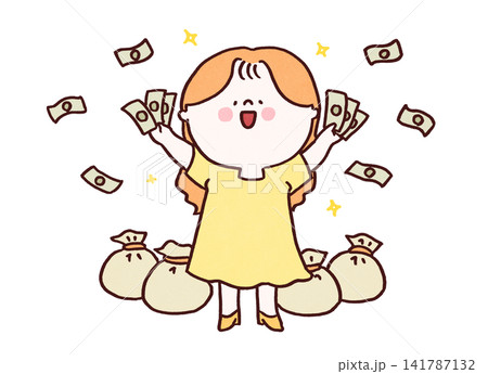 大量の札束とお金が入った袋に囲まれ大喜びする女性(大金・宝くじ) 大量の札束とお金が入った袋に囲まれ大喜びする女性(大金・宝くじ) 141787132