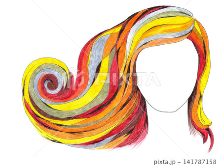 Drawing with colored pencils. A girl with long beautiful, wavy, red, orange, fiery curls. Bright illustration for henna hair dye design, cosmetics shop, hairdresser, beauty salon. 141787158