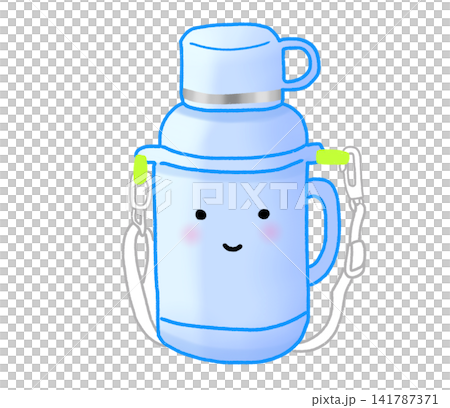 A light blue water bottle with a shoulder strap and a cup. A light blue water bottle with a shoulder strap and a cup. 141787371
