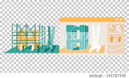 Digital twin of a construction site and 3D simulation illustration of an unfinished structure. Digital twin of a construction site and 3D simulation illustration of an unfinished structure. 141787430