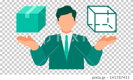 An illustration of a businessman holding up a physical cardboard box and a 3D digital twin model. An illustration of a businessman holding up a physical cardboard box and a 3D digital twin model. 141787431