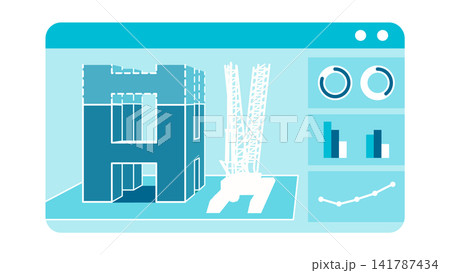 建設現場の3Dポリゴン表示と分析データを描いたデジタルツイン背景イラスト 141787434