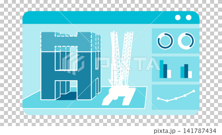 建設現場の3Dポリゴン表示と分析データを描いたデジタルツイン背景イラスト 141787434