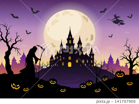ハロウィンイラスト、満月と城と魔女と死神 141787908