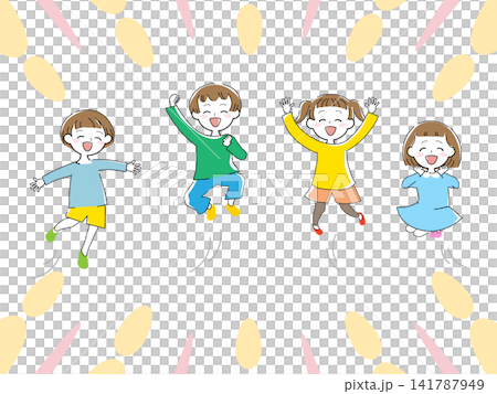 A full-body illustration of cheerful, smiling young children jumping around energetically. A full-body illustration of cheerful, smiling young children jumping around energetically. 141787949