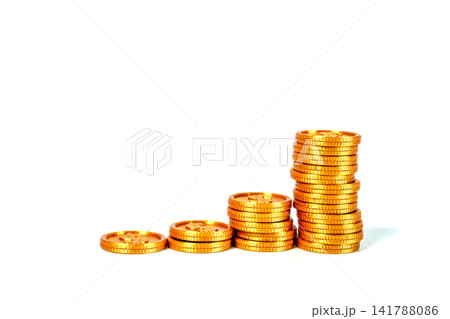 Four stacks of shiny gold coins of increasing height representing financial growth and investment success. Isolated on white background. Professional business concept for savings and profit. Four stacks of shiny gold coins of increasing height representing financial growth and investment success. Isolated on white background. Professional business concept for savings and profit. 141788086