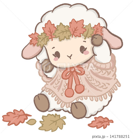 Cute Kawaii Chibi Lamb Wearing a Cozy Autumn Leaf Crown in a Knitted Sweater Fall Clipart Illustration 141788251