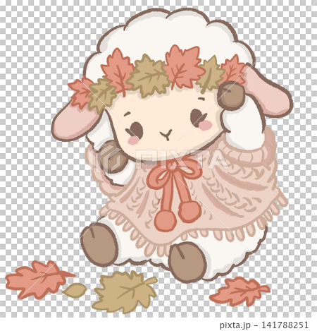Cute Kawaii Chibi Lamb Wearing a Cozy Autumn Leaf Crown in a Knitted Sweater Fall Clipart Illustration 141788251