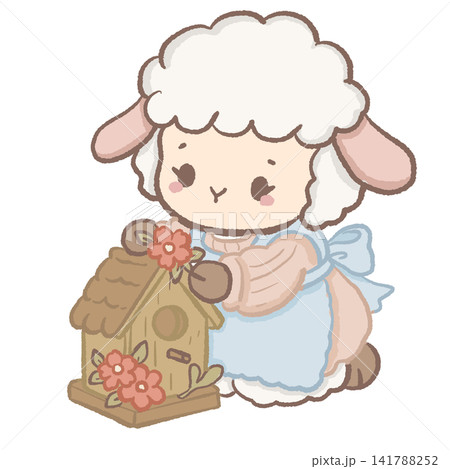 Cute Kawaii Chibi Lamb Decorating a Rustic Birdhouse with Flowers Cottagecore Clipart Illustration Cute Kawaii Chibi Lamb Decorating a Rustic Birdhouse with Flowers Cottagecore Clipart Illustration 141788252