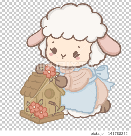 Cute Kawaii Chibi Lamb Decorating a Rustic Birdhouse with Flowers Cottagecore Clipart Illustration Cute Kawaii Chibi Lamb Decorating a Rustic Birdhouse with Flowers Cottagecore Clipart Illustration 141788252