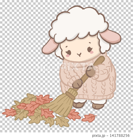Cute Kawaii Chibi Lamb Sweeping Colorful Autumn Leaves with a Rustic Broom Cozy Fall Clipart Illustration Cute Kawaii Chibi Lamb Sweeping Colorful Autumn Leaves with a Rustic Broom Cozy Fall Clipart Illustration 141788256