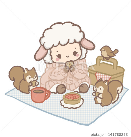 Cute Kawaii Chibi Lamb Having a Cozy Picnic with Friendly Squirrels and Warm Tea Autumn Clipart Illustration 141788258