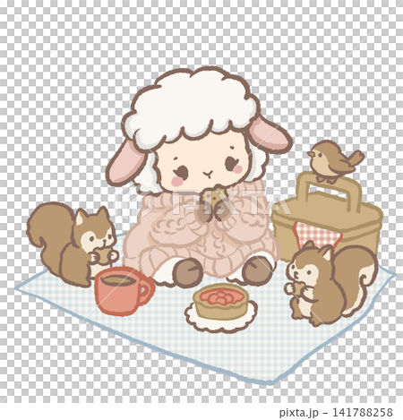 Cute Kawaii Chibi Lamb Having a Cozy Picnic with Friendly Squirrels and Warm Tea Autumn Clipart Illustration 141788258
