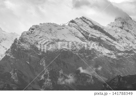 Gspaltenhorn Murren Lauterbrunnen Swiss Alps Switzerland snow rocky mountain range black and white Gspaltenhorn Murren Lauterbrunnen Swiss Alps Switzerland snow rocky mountain range black and white 141788349