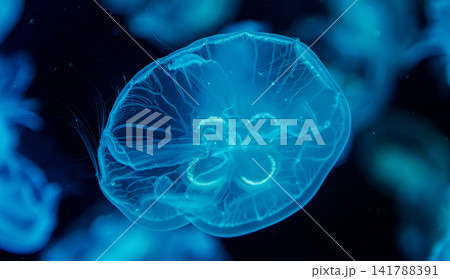 Close up of single glowing blue moon jellyfish swimming underwater in dark ocean Close up of single glowing blue moon jellyfish swimming underwater in dark ocean 141788391