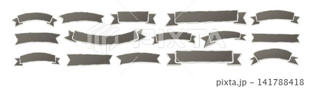 Set of gray ribbon banners in different shapes, isolated on white. Simple label and badge design elements for titles, logos, packaging, invitations, and web graphics. Set of gray ribbon banners in different shapes, isolated on white. Simple label and badge design elements for titles, logos, packaging, invitations, and web graphics. 141788418