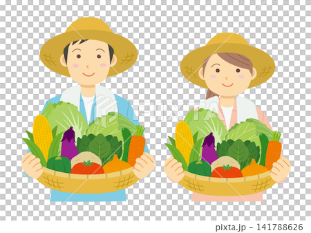一組插圖,描繪了一男一女手提蔬菜籃的上半身。 一組插圖,描繪了一男一女手提蔬菜籃的上半身。 141788626