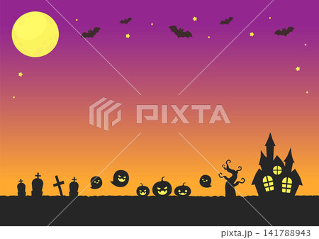 ハロウィンの風景と魔女と月の背景イラスト ハロウィンの風景と魔女と月の背景イラスト 141788943